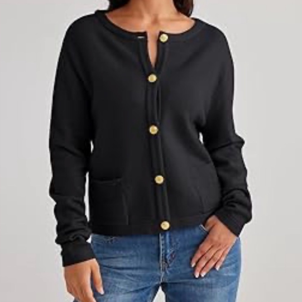 LILLUSORY Women's Crew Neck Gold Buttons Cardigan Sweater small